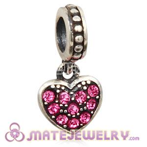 Sterling Silver European Rose Pave Heart Dangle With Rose Austrian Crystal