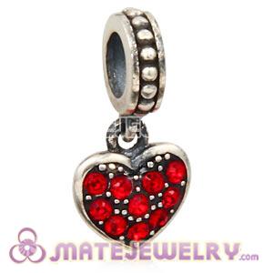 Sterling Silver European Light Siam Pave Heart Dangle With Light Siam Austrian Crystal