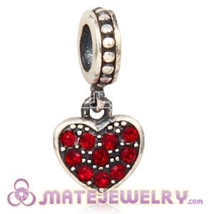 Sterling Silver European Siam Pave Heart Dangle With Siam Austrian Crystal