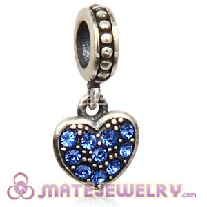 Sterling Silver European Sapphire Pave Heart Dangle With Sapphire Austrian Crystal