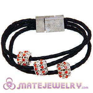 19CM Black Braided Leather Crystal Bracelets Magnetic Clasp