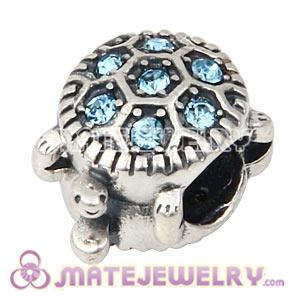 925 Sterling Silver European Turtle Charm Bead With Aquamarine Austrian Crystal
