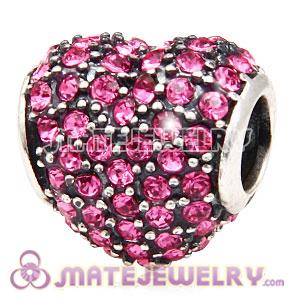 European Sterling Silver Rose Pave Heart With Rose Austrian Crystal Charm