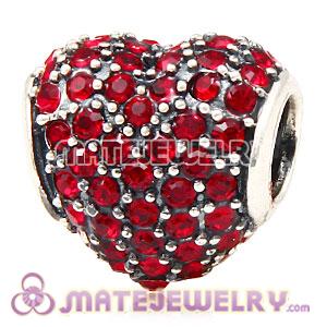 European Sterling Silver Siam Pave Heart With Siam Austrian Crystal Charm