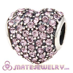 European Sterling Silver Light Amethyst Pave Heart With Light Amethyst Austrian Crystal Charm