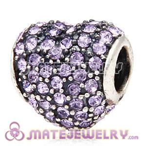 European Sterling Silver Violet Pave Heart With Violet Austrian Crystal Charm