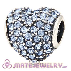 European Sterling Silver Light Sapphire Pave Heart With Light Sapphire Austrian Crystal Charm