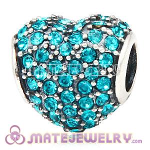 European Sterling Silver Blue Zircon Pave Heart With Blue Zircon Austrian Crystal Charm