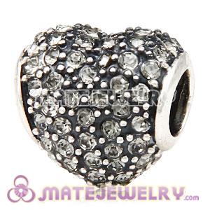 European Sterling Black Diamond Pave Heart With Black Diamond Austrian Crystal Charm