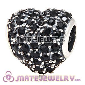 European Sterling Jet Pave Heart With Jet Austrian Crystal Charm