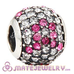 European Sterling Silver Pave Lights Pink Ribbon Charm With Austrian Crystal