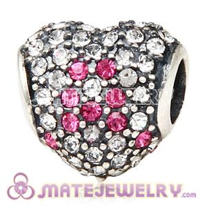 European Sterling Silver Pave Heart Pink Ribbon With Austrian Crystal Charm