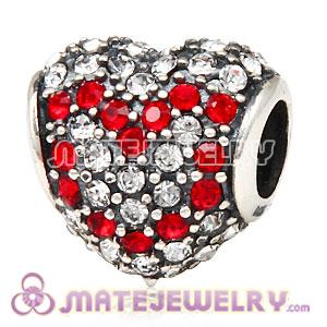 European Sterling Silver Pave Heart Red Heart With Austrian Crystal Charm