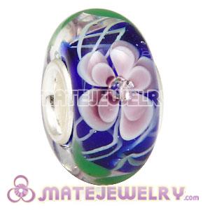 Handmade European Glass Flower Beads Inside Cubic Zirconia In 925 Silver Core 