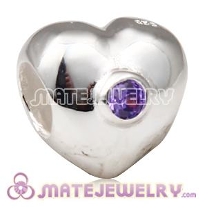 European Sterling Puffy Heart with Purple Cubic Zirconia Bead 