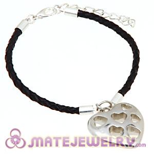 Black Braided Leather Heart Charm Bracelet Wholesale