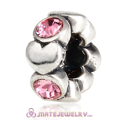 925 Sterling Silver Heart Spacer Beads with Light Rose Austrian Crystal
