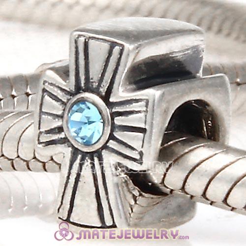 925 Sterling Silver European Cross Charm Bead With Aquamarine Austrian Crystal