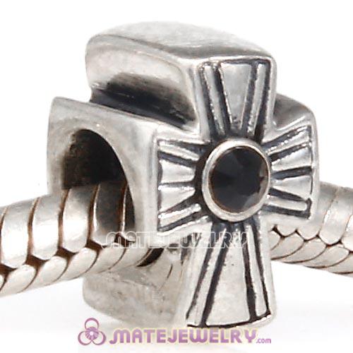 925 Sterling Silver European Cross Charm Bead With Jet Austrian Crystal