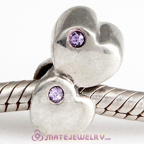 Sterling Silver European Double Heart Charm with Violet Austrian Crystal
