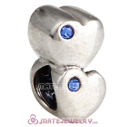 Sterling Silver European Double Heart Charm with Sapphire Austrian Crystal
