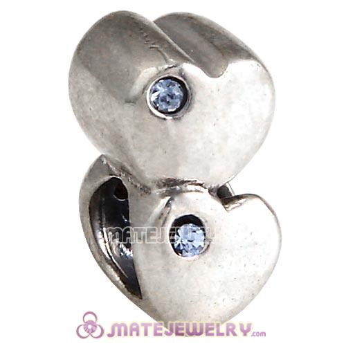 Sterling Silver European Double Heart Charm with Light Sapphire Austrian Crystal
