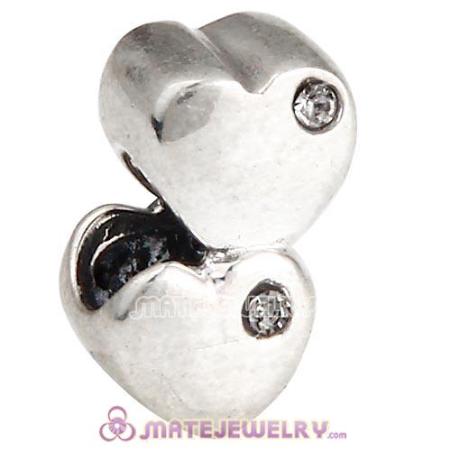 Sterling Silver European Double Heart Charm with Black Diamond Austrian Crystal