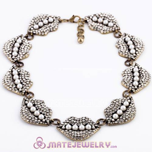 Vintage Style Brand Pearl And Crystal Lip Necklace Wholesale