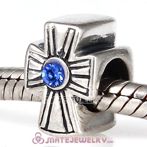 925 Sterling Silver European Cross Charm Bead With Sapphire Austrian Crystal