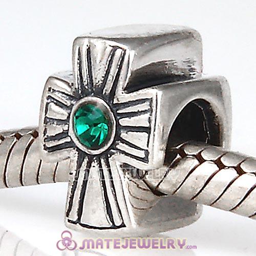 925 Sterling Silver European Cross Charm Bead With Emerald Austrian Crystal