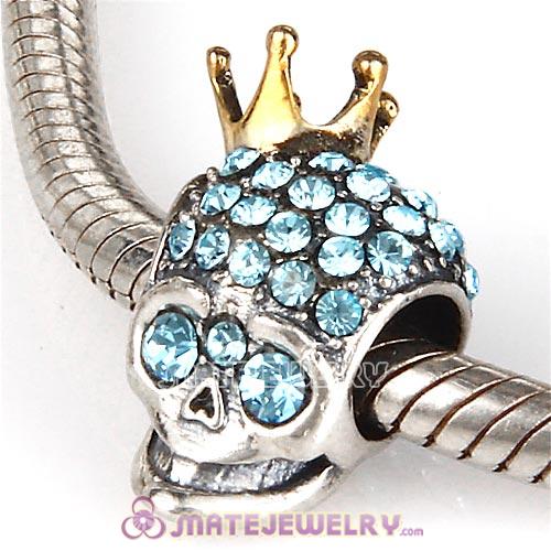 Gold Plated Crown Sterling Silver Skull Highness Bead with Aquamarine Austrian Crystal