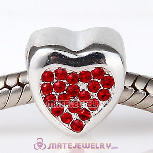 Sterling Silver Pave Glitter Heart with Light Siam Austrian Crystal Beads
