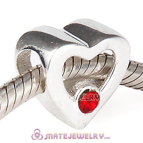 Sterling Silver European Heart Beads with Light Siam Austrian Crystal