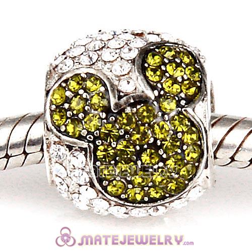 Sterling Silver Jeweled Mickey Beads with Olivine and Clear Austrian Crystal