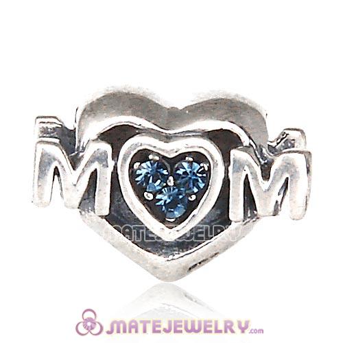Sterling Silver European MOM Heart Bead with Montana Austrian Crystal