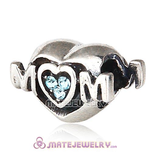 Sterling Silver European MOM Heart Bead with Aquamarine Austrian Crystal