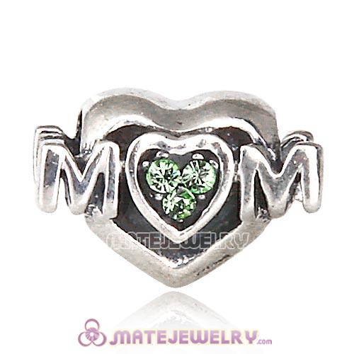 Sterling Silver European MOM Heart Bead with Peridot Austrian Crystal