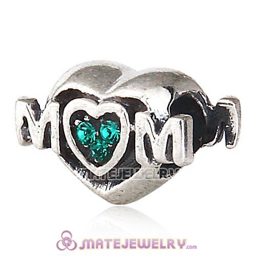 Sterling Silver European MOM Heart Bead with Emerald Austrian Crystal