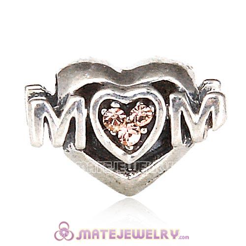 Sterling Silver European MOM Heart Bead with Light Peach Austrian Crystal