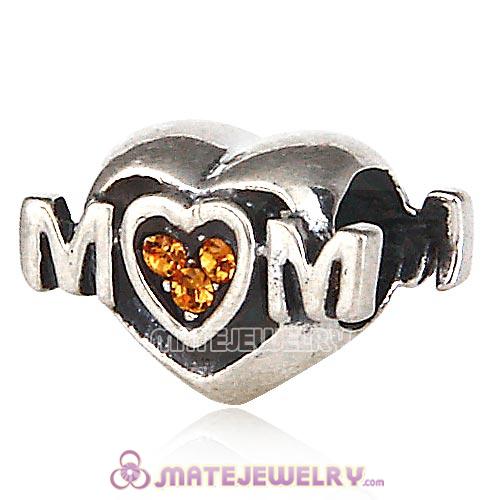 Sterling Silver European MOM Heart Bead with Topaz Austrian Crystal