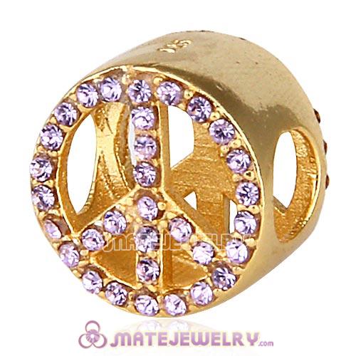 Gold Plated Sterling Silver Button Pave Peace with Violet Austrian Crystal Beads