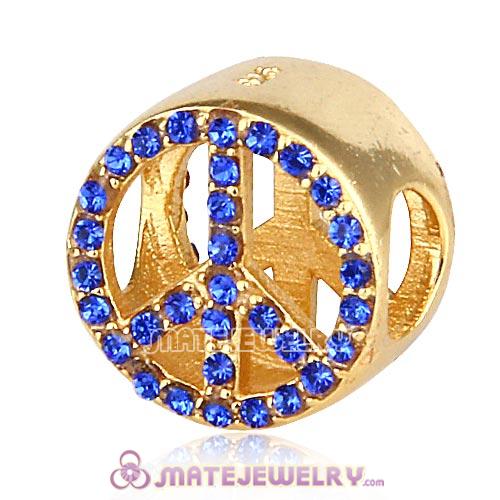 Gold Plated Sterling Silver Button Pave Peace with Sapphire Austrian Crystal Beads