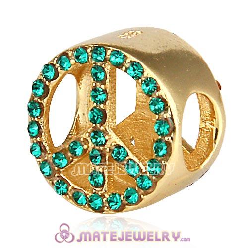 Gold Plated Sterling Silver Button Pave Peace with Emerald Austrian Crystal Beads