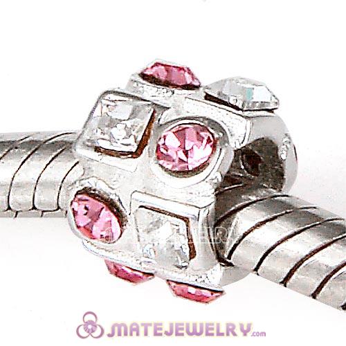 European Sterling Silver Charm with Circle Light Rose Square Clear Austrian Crystal