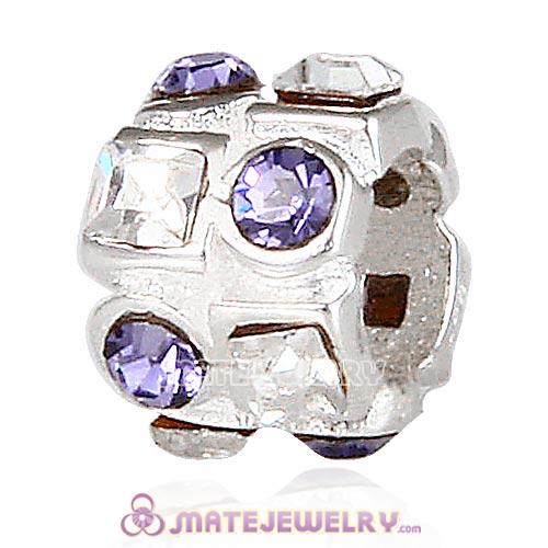 European Sterling Silver Charm with Circle Tanzanite Square Clear Austrian Crystal
