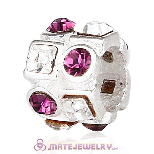 European Sterling Silver Charm with Circle Amethyst Square Clear Austrian Crystal