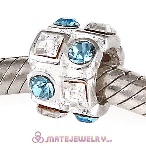 European Sterling Silver Charm with Circle Aquamarine Square Clear Austrian Crystal