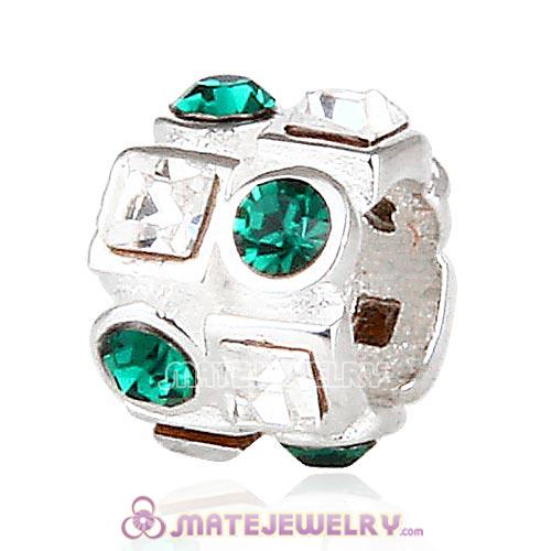 European Sterling Silver Charm with Circle Emerald Square Clear Austrian Crystal