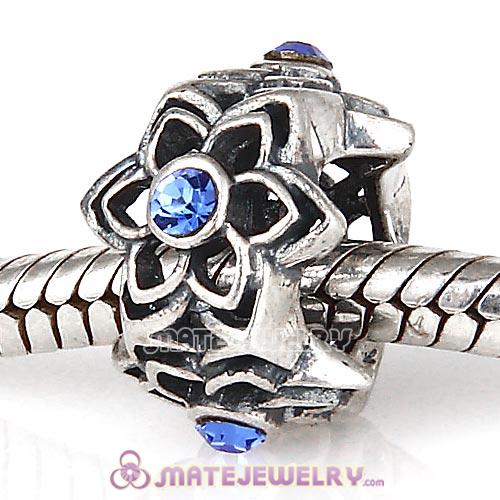 Wholesale European Sterling Silver Dahlia Charm Beads with Sapphire Austrian Crystal
