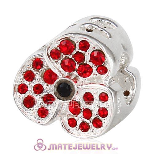 European Sterling Silver Jeweled Poppy Beads with Red Austrian Crystal